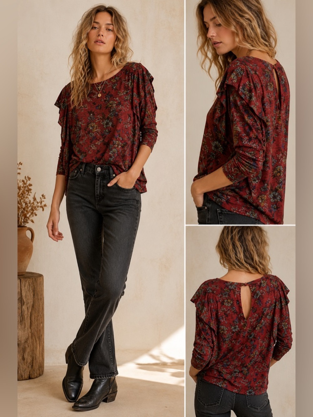 Free People Dock Street Red Floral Ruffle Stretch Top Sz Medium
